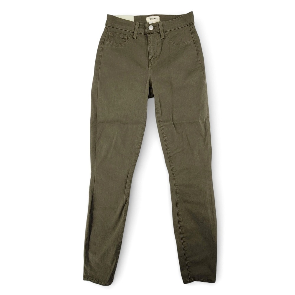 L'Agence Women 23 Margot Skinny‎ Jeans High Rise Olive Green Stretch Denim USA